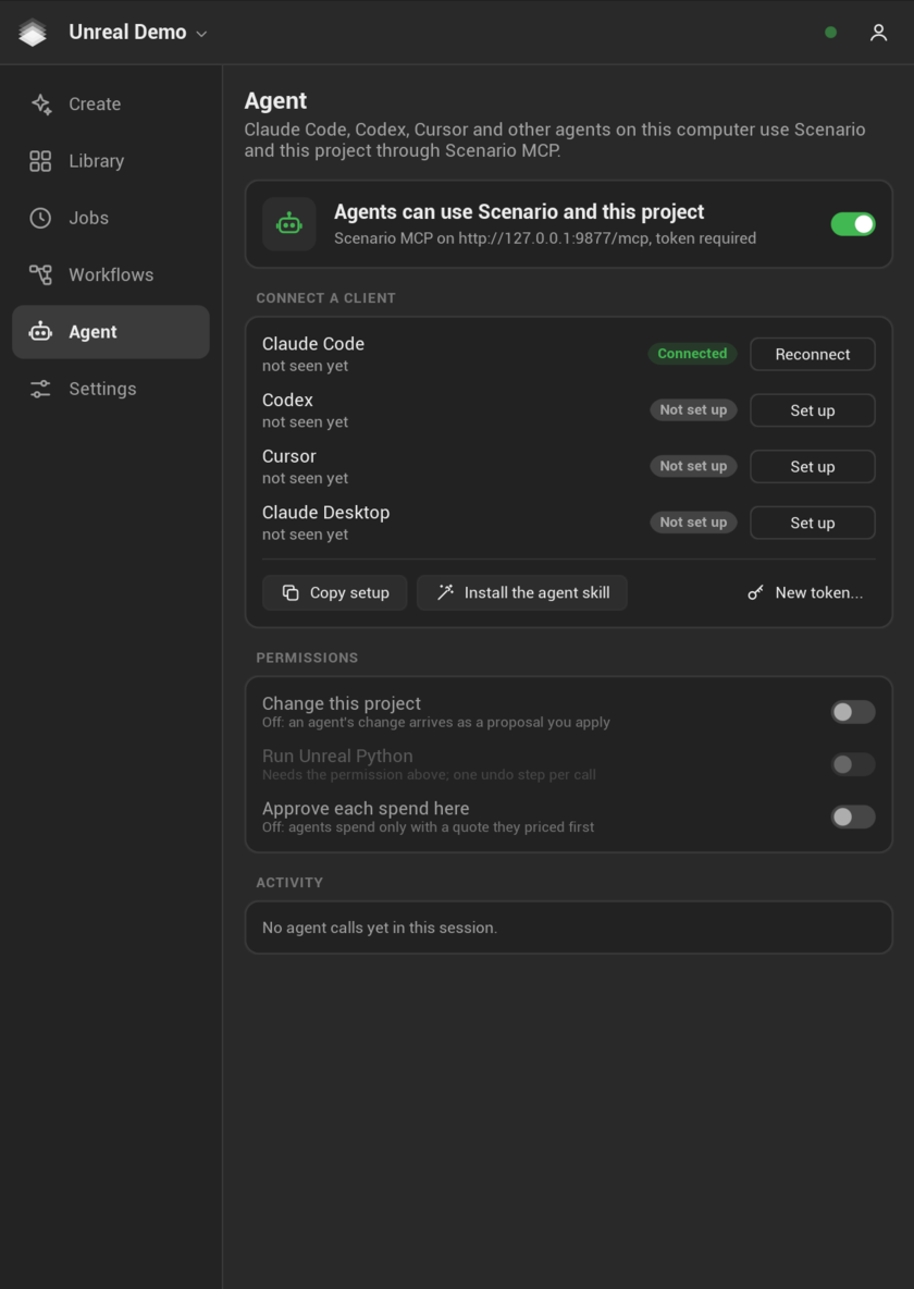 The Agent page: the local Scenario MCP server, client setup, permissions and activity