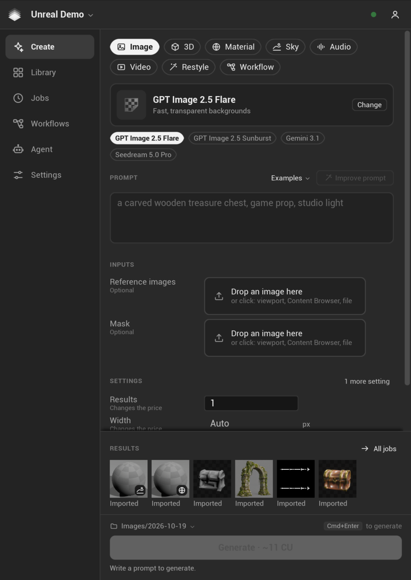 The Create page: lanes, model, prompt, inputs, settings and the newest results