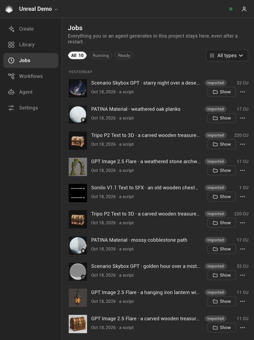 The Jobs page: every request by day, with its state, price and actions