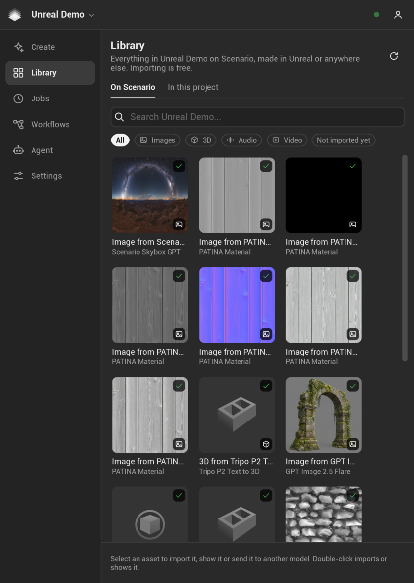 The Library page: the Scenario project's assets, ready to import
