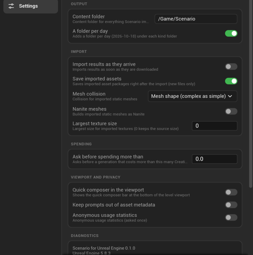 The Settings page: output folder, import, spending and privacy options
